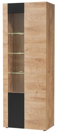 Vitrine Heron in Eiche Dekor mit Schwarz, Vitrinenschrank mit Push-To-Open und Beleuchtung, 70 x 192 cm