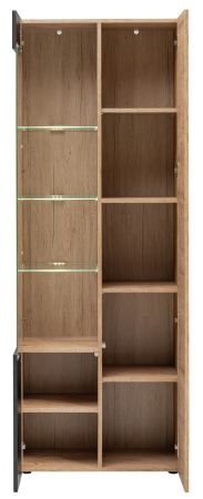 Vitrine Heron in Eiche Dekor mit Schwarz, Vitrinenschrank mit Push-To-Open und Beleuchtung, 70 x 192 cm