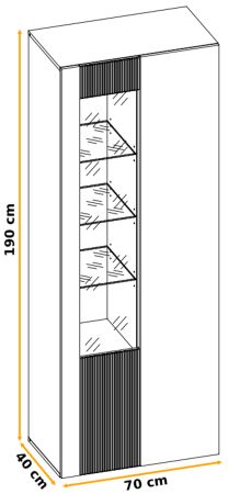 Vitrine Heron in Eiche Dekor mit Schwarz, Vitrinenschrank mit Push-To-Open und Beleuchtung, 70 x 192 cm