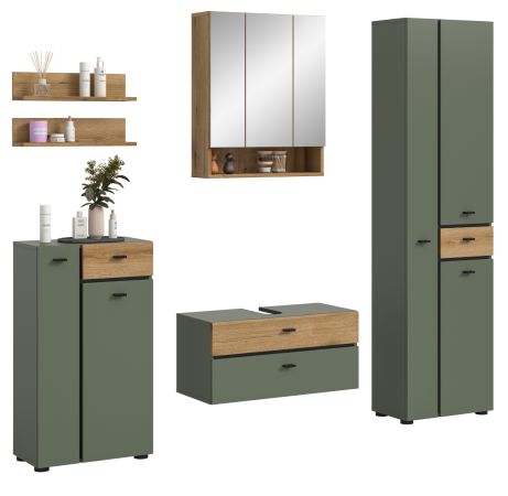 Badm�bel Set Matteo in Gr�n mit Evoke Eiche, Badkombination 6-teilig 207 x 191 cm