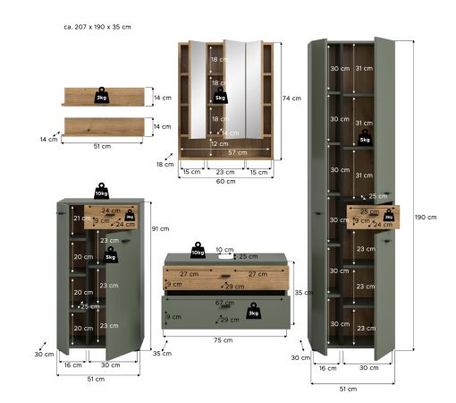 Badm�bel Set Matteo in Gr�n mit Evoke Eiche, Badkombination 6-teilig 207 x 191 cm
