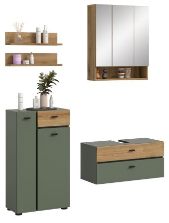 Badm�bel Set Matteo in Gr�n mit Evoke Eiche, Badkombination 5-teilig 141 x 191 cm