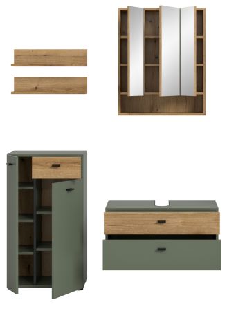 Badm�bel Set Matteo in Gr�n mit Evoke Eiche, Badkombination 5-teilig 141 x 191 cm
