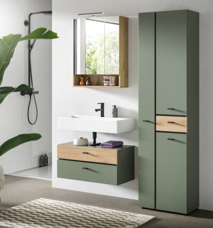 Badm�bel Set Matteo in Gr�n mit Evoke Eiche, Badkombination 3-teilig 141 x 191 cm