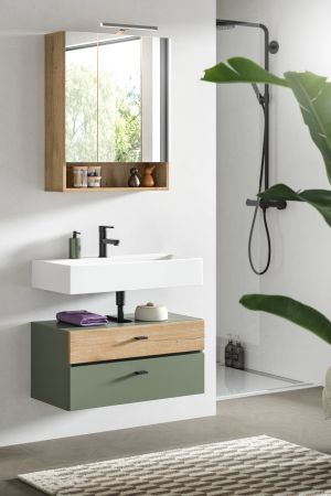 Badm�bel Set Matteo in gr�n und Evoke Eiche Badkombination 75 x 191 cm