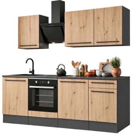 K�chenzeile Smart in Artisan Eiche und Grau, K�chenschrank Set 7-teilig 220 x 210 cm