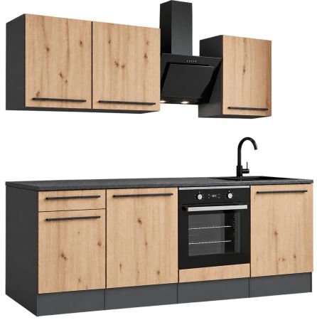 K�chenzeile Smart in Artisan Eiche und Grau, K�chenschrank Set 7-teilig 220 x 210 cm