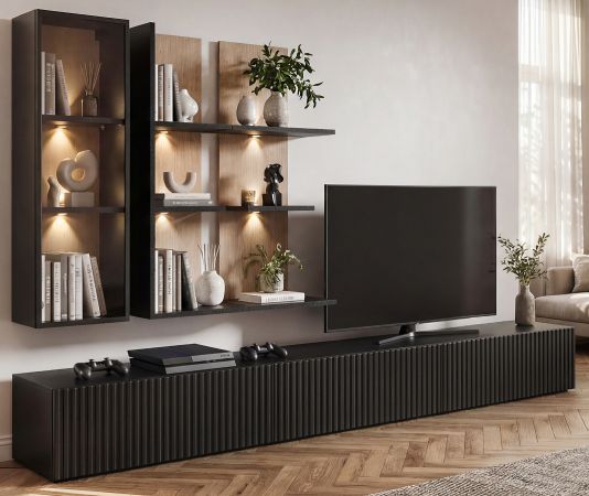 Wohnwand Secret in Schwarz mit Vicking Eiche 300 cm, 6-teilig inkl. LED und Push-to-Open-Funktion