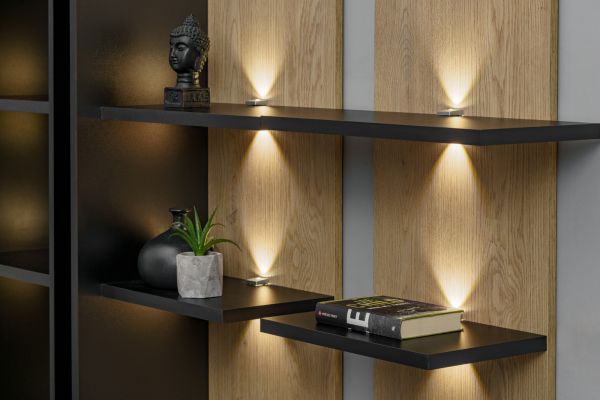 Wohnwand Secret in Schwarz mit Vicking Eiche 300 cm, 6-teilig inkl. LED und Push-to-Open-Funktion