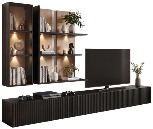 Wohnwand Secret in Schwarz mit Vicking Eiche 300 cm, 6-teilig inkl. LED und Push-to-Open-Funktion