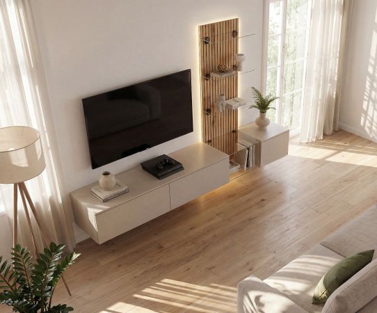 Wohnwand Clay in Grau Lehm und Evoke Eiche Schrankwand h�ngend mit LED 220 cm, Push-to-Open