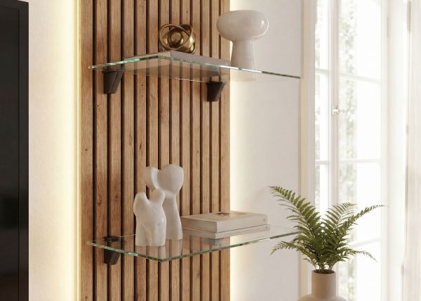 Wohnwand Clay in Grau Lehm und Evoke Eiche Schrankwand h�ngend mit LED 220 cm, Push-to-Open