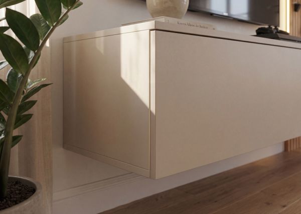 Wohnwand Clay in Grau Lehm und Evoke Eiche Schrankwand h�ngend mit LED 220 cm, Push-to-Open