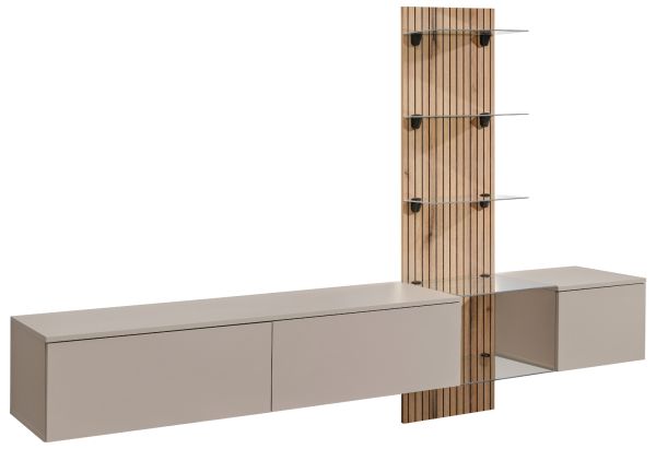 Wohnwand Clay in Grau Lehm und Evoke Eiche Schrankwand h�ngend mit LED 220 cm, Push-to-Open
