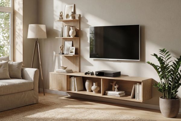 TV-Lowboard Set Sense in Cremona Eiche Leistenoptik 180 cm inkl. Paneel mit Regal