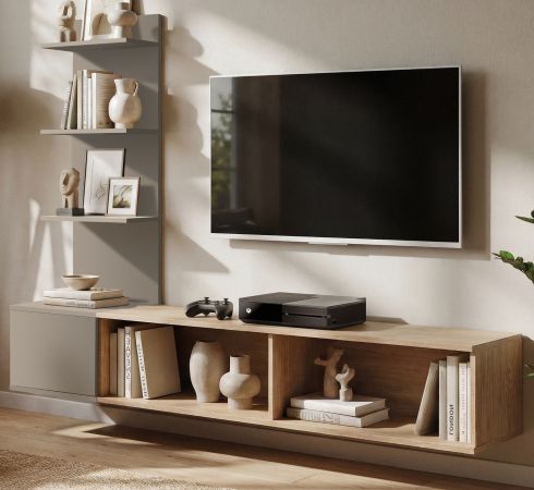 TV-Lowboard Set Sense in Eiche mit Lehm-Grau 180 cm, inkl. Wandpaneel und Regal