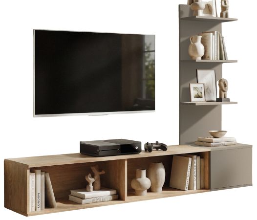TV-Lowboard Set Sense in Eiche mit Lehm-Grau 180 cm, inkl. Wandpaneel und Regal