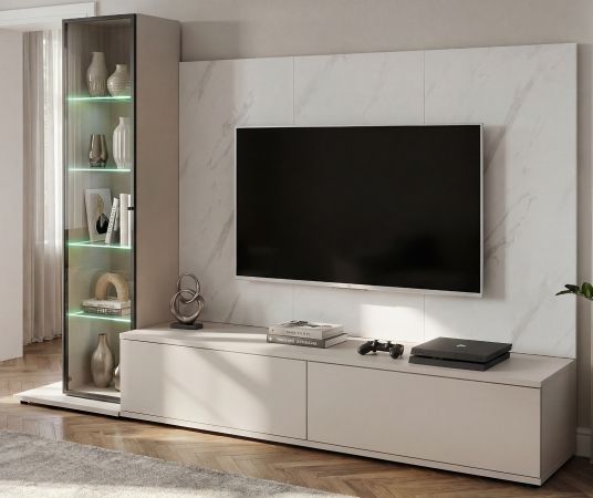 Wohnwand Charm in Kaschmir und Marmor wei� 240 cm, inklusive Beleuchtung und Push-To-Open