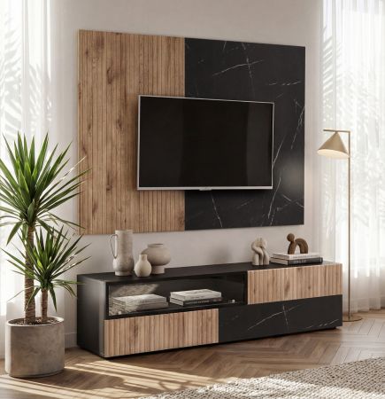 TV-Lowboard Set Starlet in Eiche und Marmor schwarz 160 cm, Set inkl. Wandpaneel, Push-To-Open