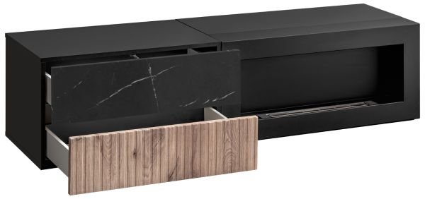 TV-Lowboard Set Starlet in schwarz, Vicking Eiche und Marmor schwarz 160 cm, Flat-TV Unterschrank mit Ethanol Kamin
