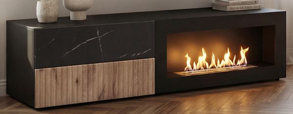 TV-Lowboard Set Starlet in schwarz, Vicking Eiche und Marmor schwarz 160 cm, Flat-TV Unterschrank mit Ethanol Kamin