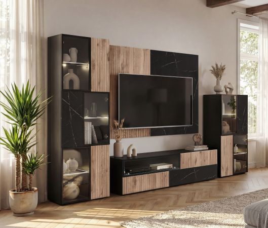 Wohnwand Starlet in schwarz, Vicking Eiche und Marmor schwarz Schrankwand 300 cm inkl. LED, Push-To-Open