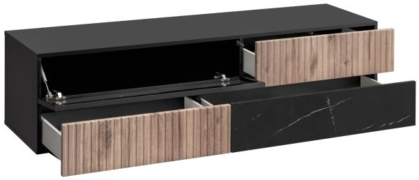 Wohnwand Starlet in schwarz, Vicking Eiche und Marmor schwarz Schrankwand 300 cm inkl. LED, Push-To-Open