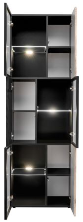 Wohnwand Starlet in schwarz, Vicking Eiche und Marmor schwarz Schrankwand 300 cm inkl. Ethanol Kamin, LED