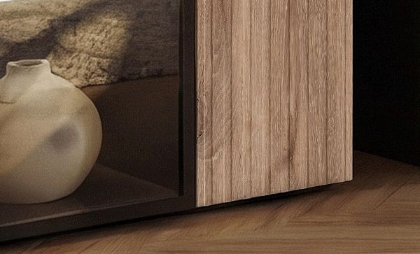 Vitrine Starlet in schwarz, Vicking Eiche und Marmor schwarz Vitrinenschrank inkl. Kamin & LED 60 x 182 cm, Push-To-Open
