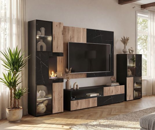Vitrine Starlet in schwarz, Vicking Eiche und Marmor schwarz Vitrinenschrank inkl. Kamin & LED 60 x 182 cm, Push-To-Open