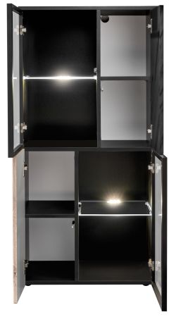Vitrine Starlet in schwarz, Vicking Eiche und Marmor schwarz Vitrinenschrank inkl. LED 60 x 122 cm, Push-To-Open