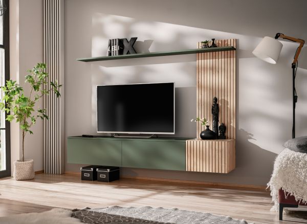 Wohnwand Madina mattes Gr�n und Eiche Leistenoptik, Schrankwand h�ngend 180 cm mit Push-to-Open