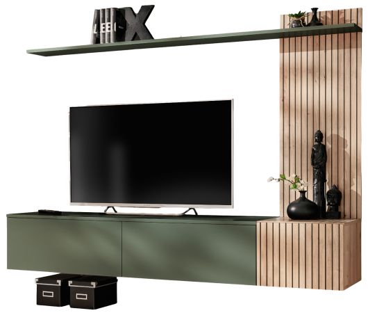Wohnwand Madina mattes Gr�n und Eiche Leistenoptik, Schrankwand h�ngend 180 cm mit Push-to-Open