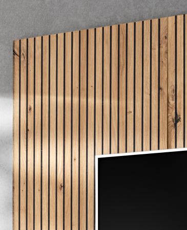 TV-Lowboard Set iLike in Lehm-Grau mit schwarz und Eiche Artisan, Set mit Akustikpaneel und Ethanol Kamin