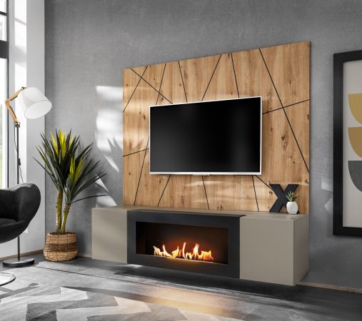 TV-Lowboard Set iLike Lehm-Grau, schwarz und Artisan Eiche TV Unterteil mit Ethanol Kamin und Akustikpaneel, 160 cm