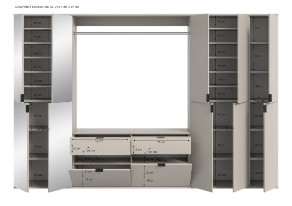 Garderobe Set Line-Up in Kaschmir, Garderobenschrank mit Spiegel 273 x 193 cm