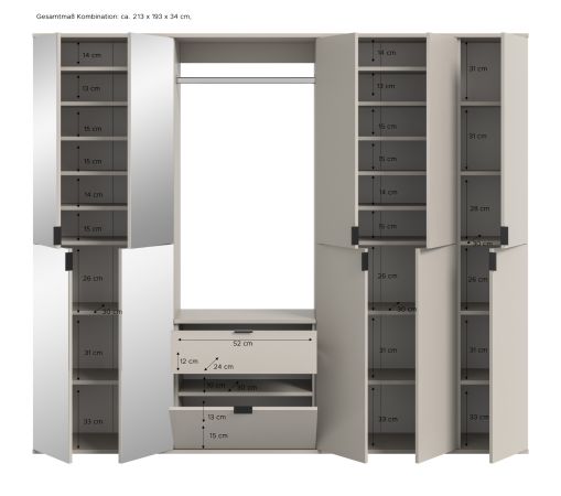 Garderobe Set Line-Up in Kaschmir, Garderobenschrank mit Spiegel 213 x 193 cm