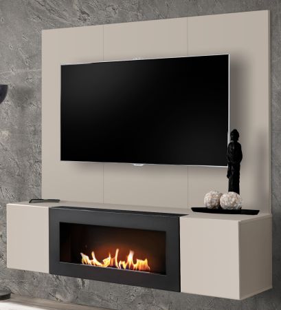 TV-Lowboard Set Option in Kaschmir, Flat-TV Unterschrank h�ngend mit Ethanol Kamin und Akustikpaneel, 160 cm