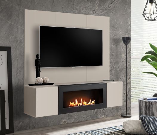 TV-Lowboard Set Option in Kaschmir, Flat-TV Unterschrank h�ngend mit Ethanol Kamin und Akustikpaneel, 160 cm