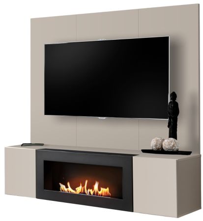 TV-Lowboard Set Option in Kaschmir, Flat-TV Unterschrank h�ngend mit Ethanol Kamin und Akustikpaneel, 160 cm