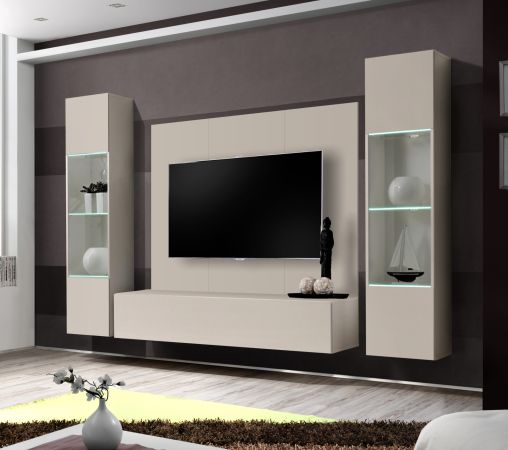 Wohnwand Option in Kaschmir Schrankwand 4-teilig h�ngend mit LED und Push-To-Open, 260 x 170 cm