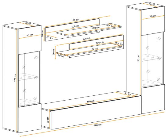Wohnwand Option in Kaschmir Schrankwand 5-teilig h�ngend inkl. LED und Push-To-Open, 260 x 170 cm