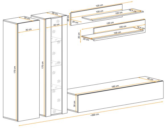 Wohnwand Option in Kaschmir Schrankwand 5-teilig h�ngend inkl. LED und Push-To-Open, 260 cm