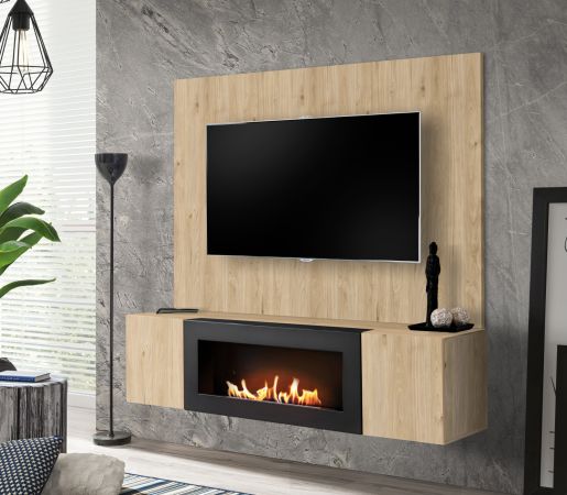 TV-Lowboard Set Option in Eiche, Flat-TV Unterschrank h�ngend mit Ethanol Kamin und Akustikpaneel 160 cm