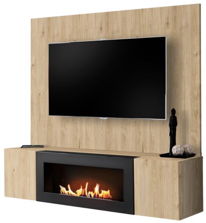 TV-Lowboard Set Option in Eiche, Flat-TV Unterschrank h�ngend mit Ethanol Kamin und Akustikpaneel 160 cm
