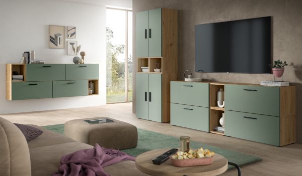 Sideboard Onawa in Gr�n und Artisan Eiche Stauraumschrank 277 cm, Soft-Close