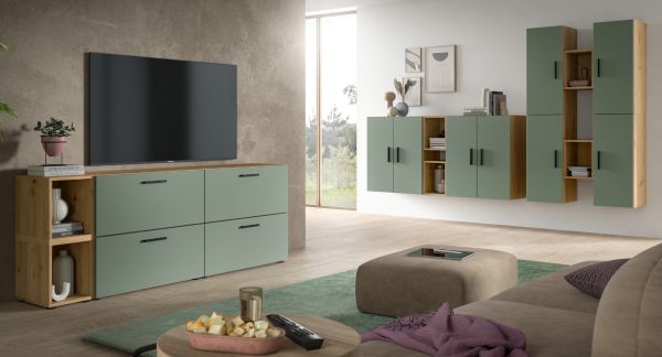 Wohnwand Onawa in Gr�n und Artisan Eiche Wohnkombination h�ngend / stehend 259 x 184 cm
