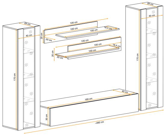Wohnwand Option in Jackson Eiche Schrankwand 5-teilig h�ngend mit LED und Push-To-Open, 260 x 170 cm