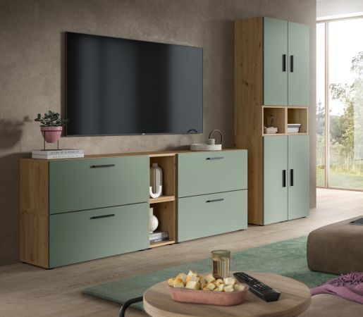 Stauraumschrank Onawa in Gr�n und Artisan Eiche Mehrzweckschrank 65 x 178 cm