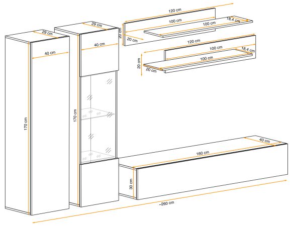 Wohnwand Option in Jackson Eiche Schrankwand 5-teilig h�ngend inkl. LED und Push-To-Open, 260 x 170 cm